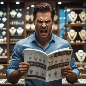 angry man sales, standing in the jewelry shop with the printed catalogue in the hand and his face is angry